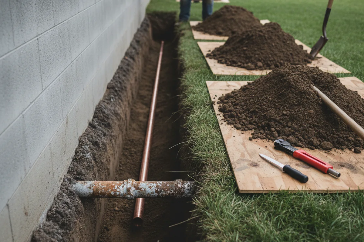 Excavated water line trench during Water Softener Installation in Zuni